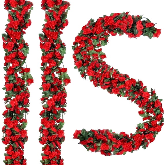 Topboutique Fake Rose Vine Flowers Plants,5 Pcs Artificial Flower Hanging Rose Ivy,Red Fake Hanging Flowers,Rose Vine with Green Leaves for Christmas Wedding Wall Arch Party Decor,40ft(8ft/Pc)