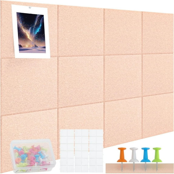 Topboutique Felt Cork Board Tiles 12 Pack 12'' Square Bulletin Board Pin Board Large Alternative Felt Wall Tiles with Pushpins for Office School Home Wall Decor Stickers Memos Photos Display,Pink