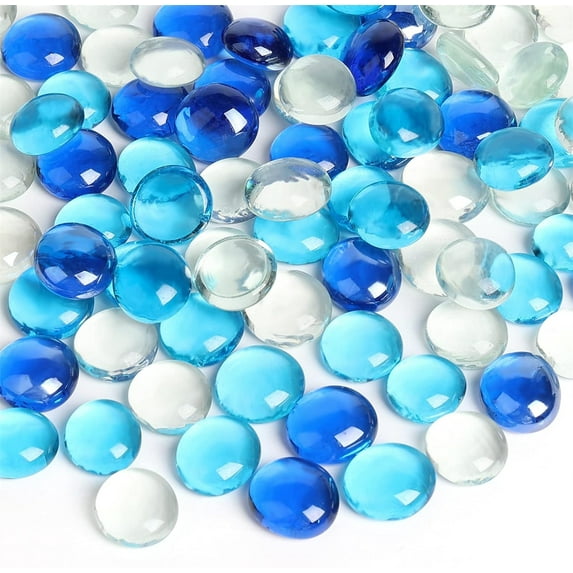 Topboutique Flat Glass Marbles,Blue Mixed Glass Beads,Gem Pebbles for Aquarium Decor,Decorative Floral Fish Tank Rocks for Vase Filler/DIY Craft,0.66 lb/300g