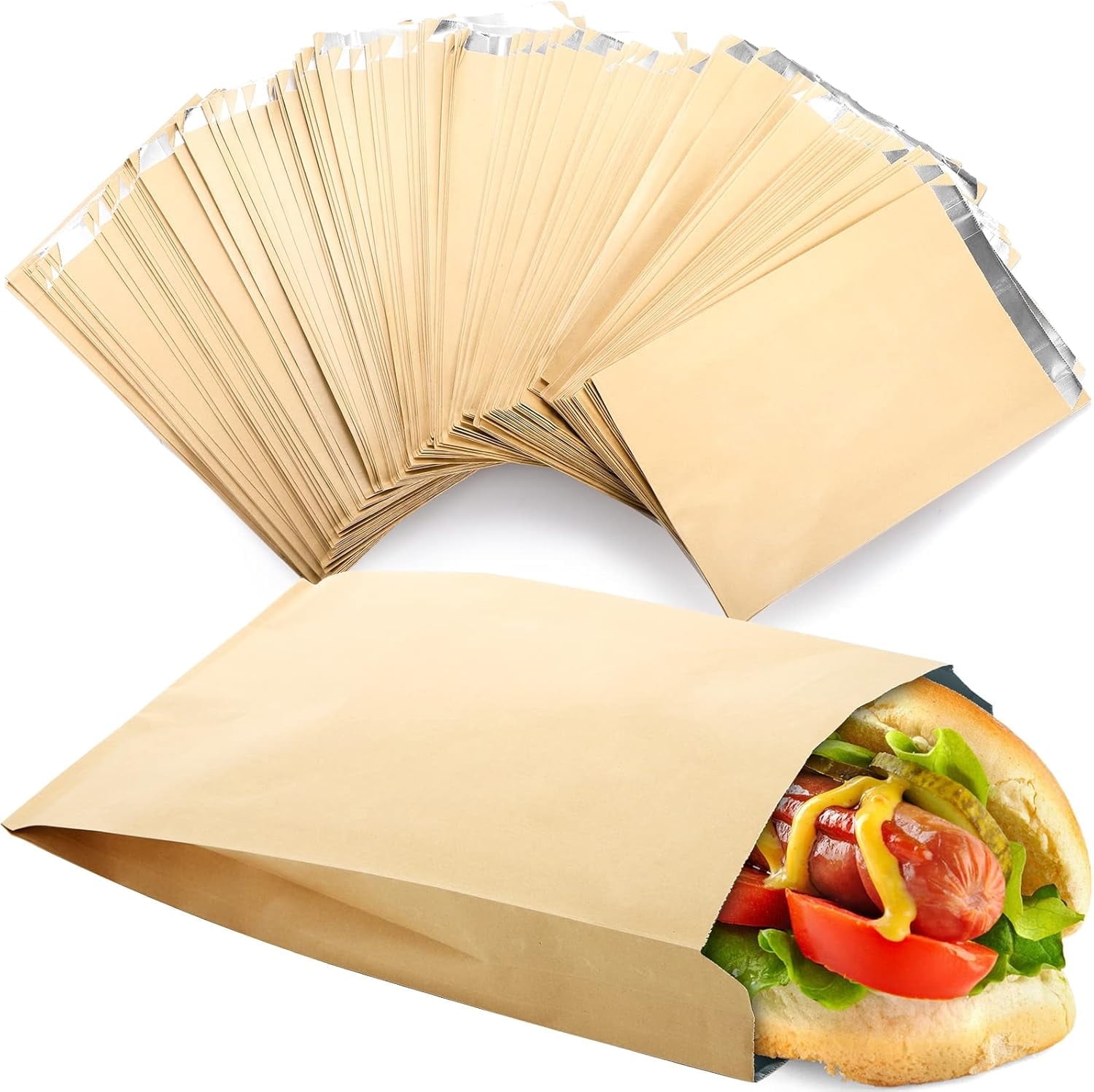 Topboutique Foil Hamburger Wrappers,50 Pcs Aluminum Foil Hot Dog Sleeves,Greaseproof Foil Sandwich Bags, Disposable BBQ Bags for Take Out, Snack Bars, Food Truck,Brown,6.3*1.6*11.8 inch