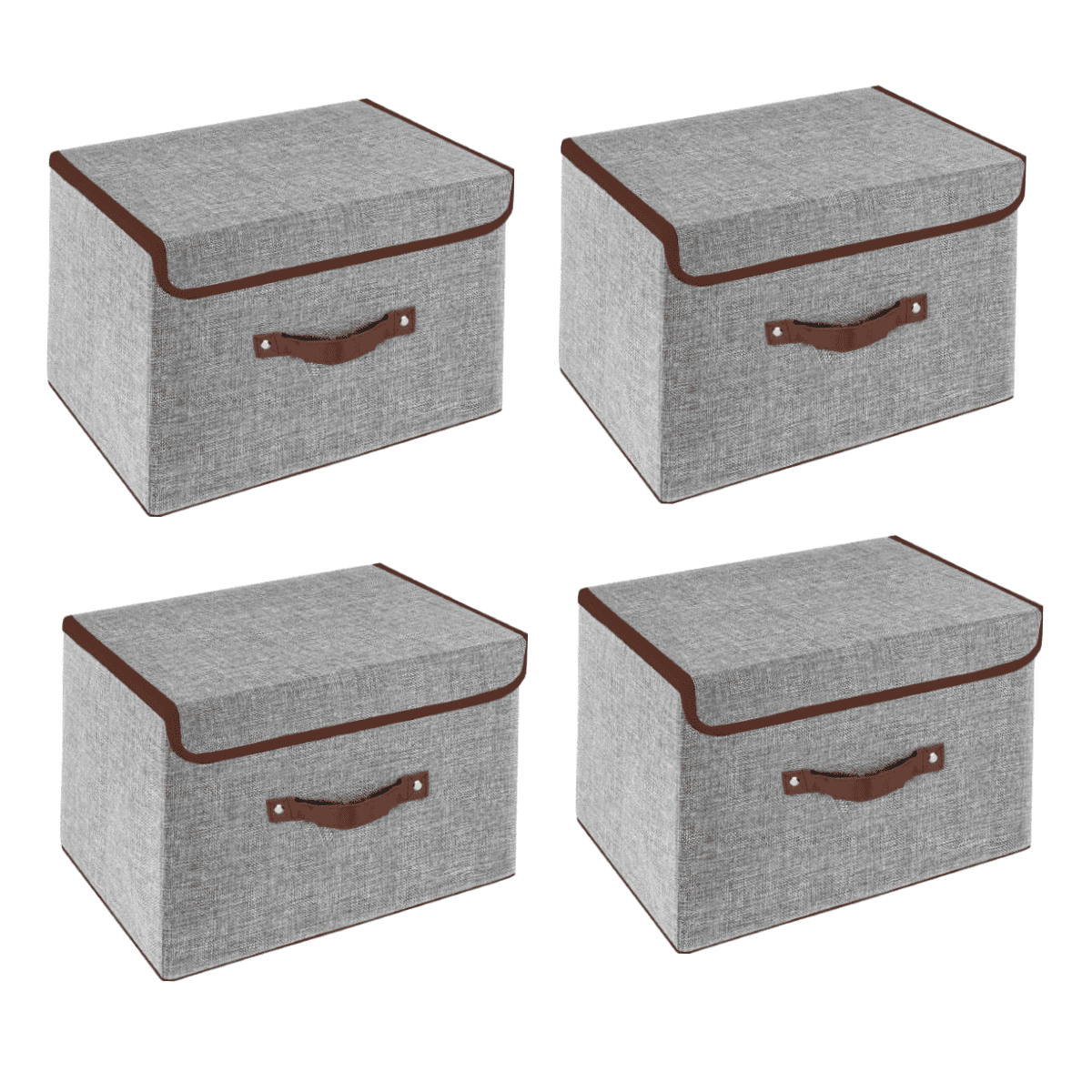 Topboutique Foldable Storage Bins Cubes Boxes with Lid - Storage Box Cube Cubby Basket Closet Organizer Pack of 4 with Leather Handles linen storage box for Closet Bedroom, 6.3"x7.9"x10.3", Gray
