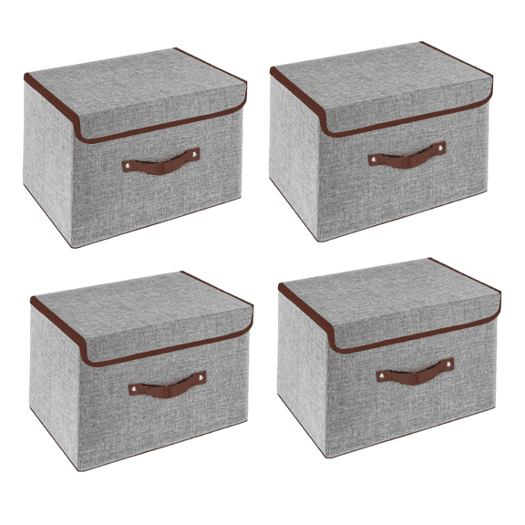 Topboutique Foldable Storage Bins Cubes Boxes with Lid - Storage Box Cube Cubby Basket Closet Organizer Pack of 4 with Leather Handles linen storage box for Closet Bedroom, 6.3"x7.9"x10.3", Gray