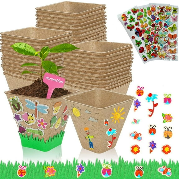 Topboutique Garden Paper Pot Craft Kit 10 Pcs Square Paper Peat Pots DIY Garden Kit Flower Plant Spring Craft with 4 Sheets Adhesive Stickers&2 Pcs Foam Fences for Kids Science School Crafts,Square