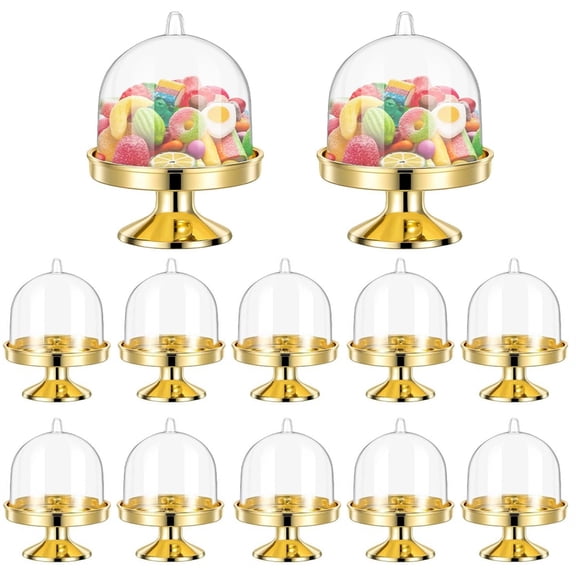 12 Pcs Plastic Mini Candy Plate with Clear Dome Cover Gold Cake Stands Dessert Display Stands Candy Chocolate Case Party Favors for Birthday Wedding Festival Party By Topboutique