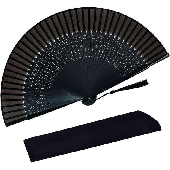 Topboutique Hand Holding Bam Silk Fan,8.3'' Bamboo Folding Hand Held Fan,Handheld Silk Fabric Fans for Wedding,Wall Decoration,Charming Hand Bamboo Fan for Performance,Dancing,Black