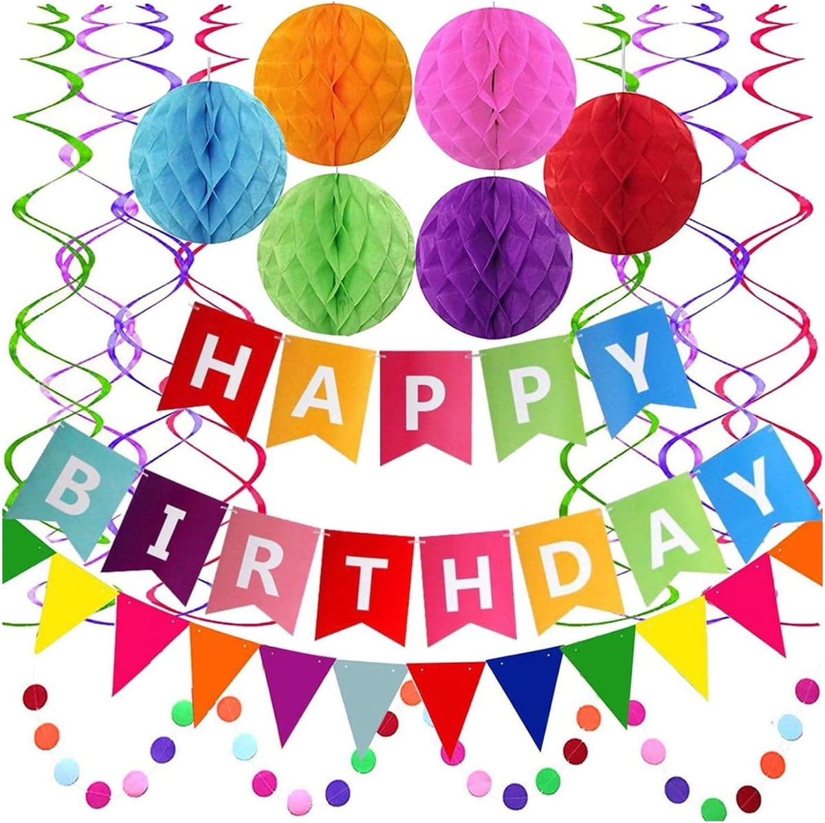 Rainbow Birthday Banner with Honeycomb Balls and Swirls