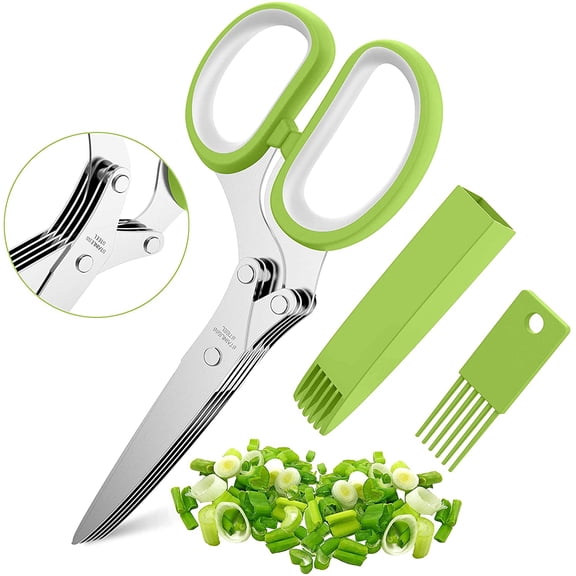 Topboutique Herb Scissors Set With 5 Blades And Cover - Multipurpose Kitchen Chopping Shear, Sharp Dishwasher Safe Kitchen Gadget, Ideal For Cutting, Vegetables, Basil, Stainless Steel - Green