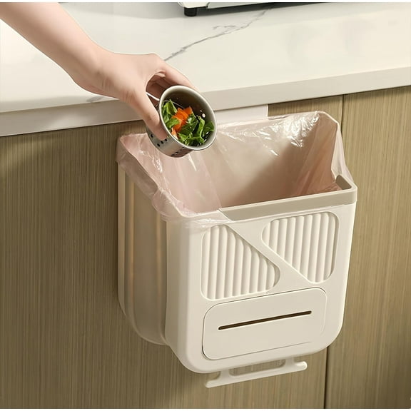 Topboutique Kitchen Garbage Can,Hanging Trash Can,Compost Bin for Kitchen,Collapsible Kitchen Trash Can,Plastic Trash Bin for Kitchen Under Sink,Office Desk Countertop,Bathroom,Bedroom,7 L,White