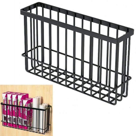 Topboutique Kitchen Wrap Organizer, Door Mount Storage Holder, Self Adhesive Cabinet Storage Basket, Metal Wrap Holders for Kitchen Wrap/Food Bag Storage, Large-Black