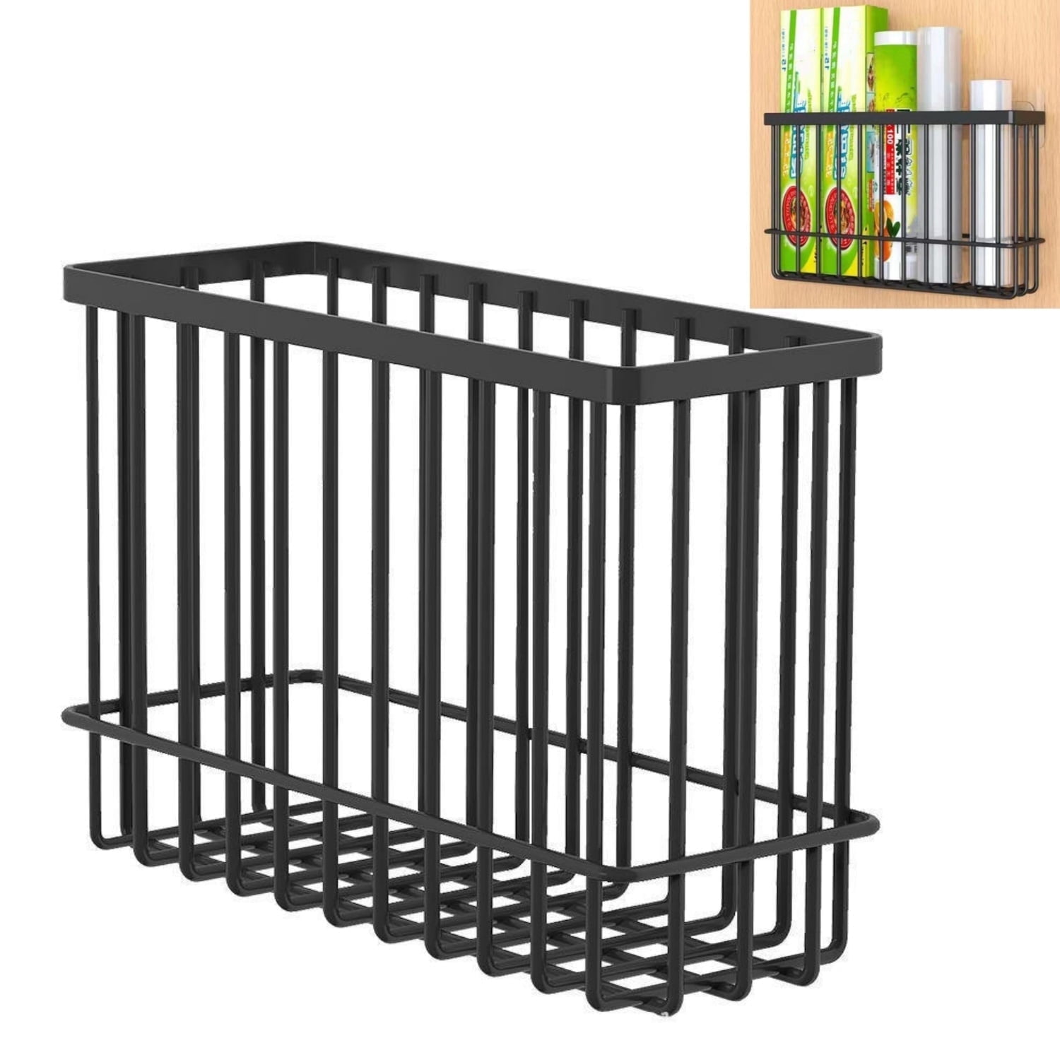 Topboutique Kitchen Wrap Organizer Rack Wall Adhesive Storage Basket Cabinet Door Organizer Metal Basket Shelf Bathroom Storage Holder for Cutting Board Holder Tin Foil Wax Paper No Drilling,Black