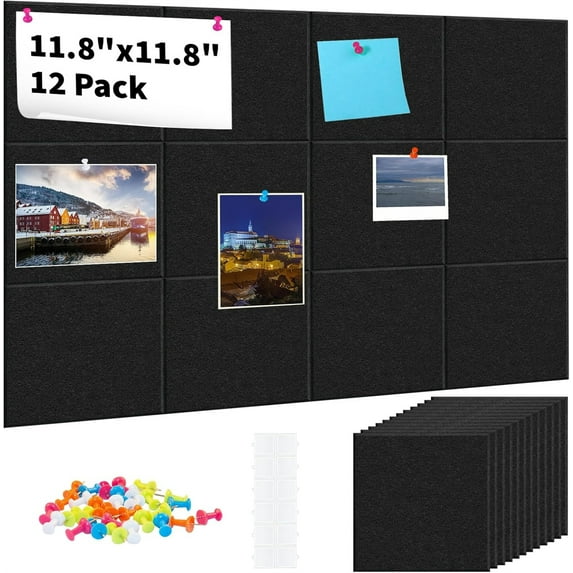 Topboutique Large Cork Board 12 Pack Felt Wall Tiles Black Bulletin Board with Self-Adhesive Stickers&Pushpins Square Pin Board for Office Home Walls-Black,12" x 12"