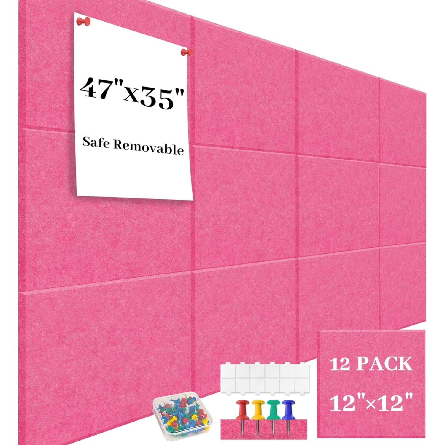 Topboutique Large Cork Board Felt Wall Tiles 12 Packs Bulletin Board Alternative Cork Board with Adhesive Tabs and Push Pins for Walls Home Office,Safe Removable,12 x 12 inch,Peachblow