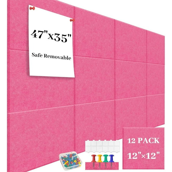 Topboutique Large Cork Board Felt Wall Tiles 12 Packs Bulletin Board Alternative Cork Board with Adhesive Tabs and Push Pins for Walls Home Office,Safe Removable,12 x 12 inch,Peachblow