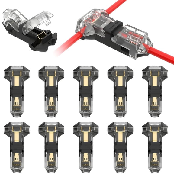 Topboutique Low Voltage Wire Connectors Solid Connection,10 Pcs T Type 1 Pin Wire Connectors,T Tap Wire Splice Connectors,No Soldering No Stripping 2 Way Wire Connectors for 22-20 AWG Cable