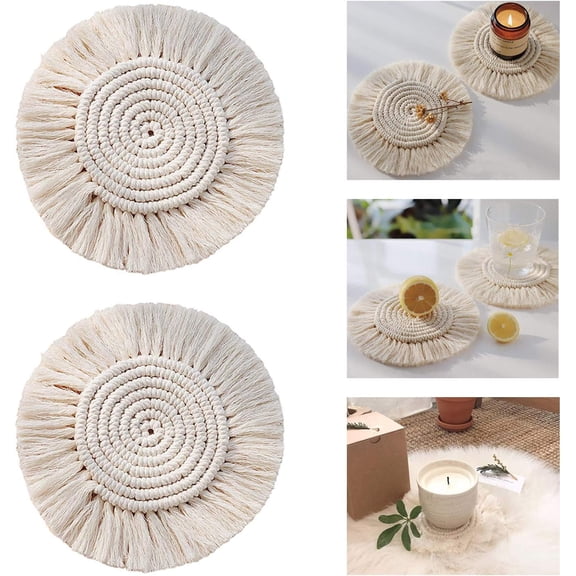 Topboutique Macrame Coasters, Woven Boho Handmade Absorbent Placemats, Coffee Table Coasters for Desk Table Kitchen Dining Room Drink,Drink Coaster(2PCS Round, White)
