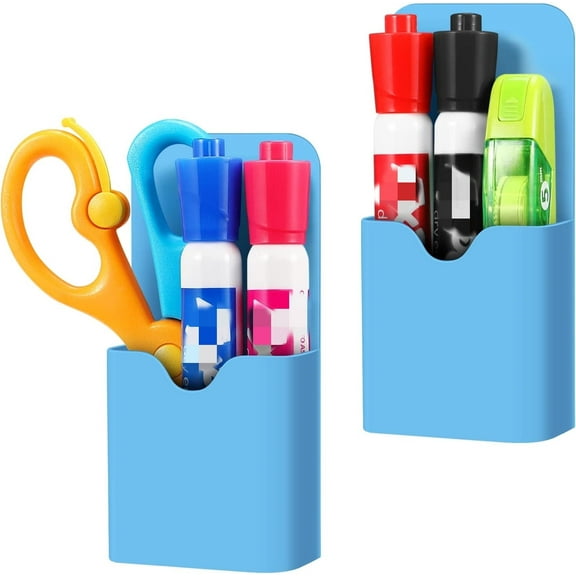 Topboutique Magnetic Marker Holder, Pen Holder for Whiteboard or Fridge, Magnet Pencil Cup Storage Organizer for Office, Home, Locker and Metal Cabinets, 2 Pack (Blue)