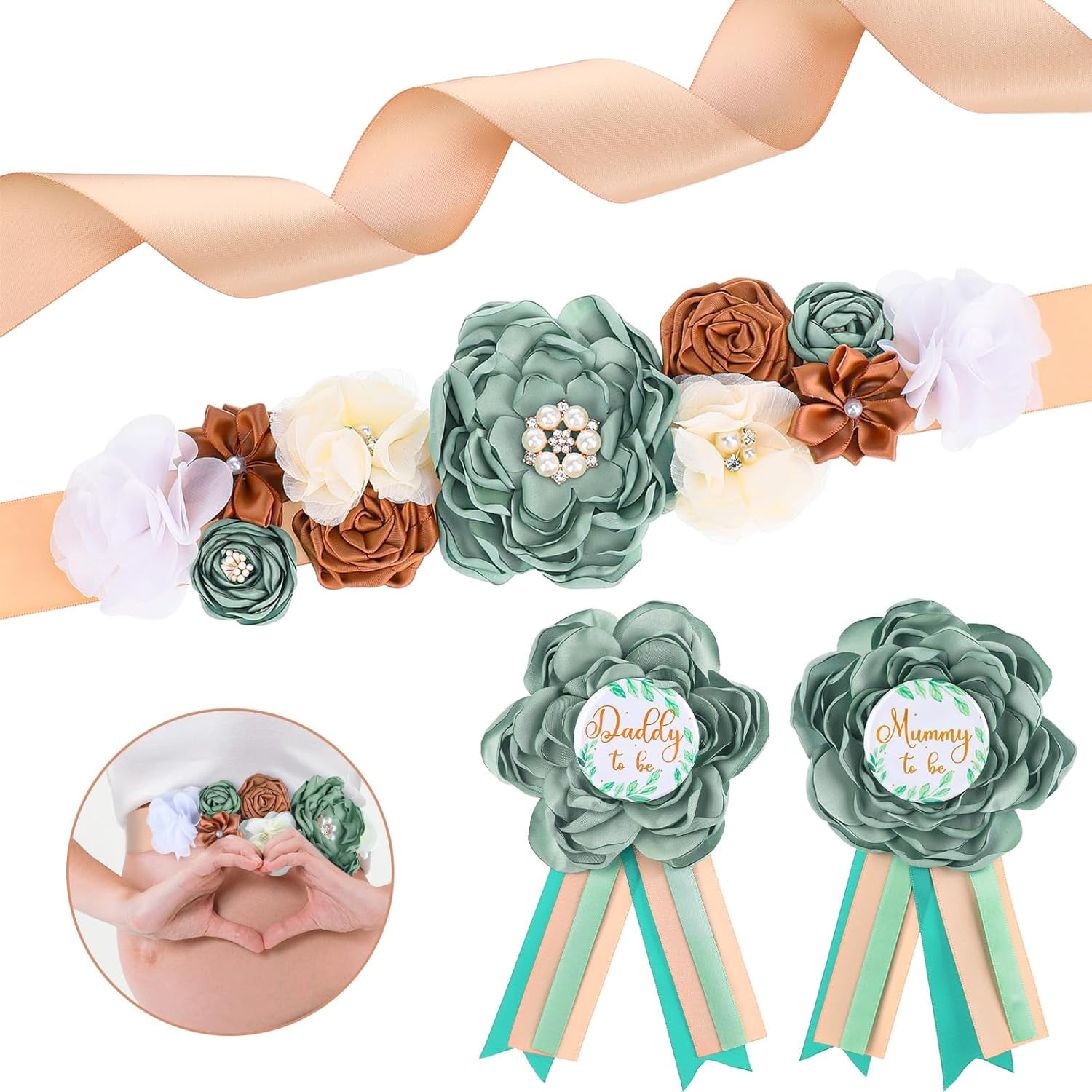 Topboutique Maternity Sash Mom My to Be & Daddy to Be CorPin Set Green Flower Baby Shower Sash Belly Belt Gift for Gender Reveal Baby Shower Decorations,Christmas Gifts