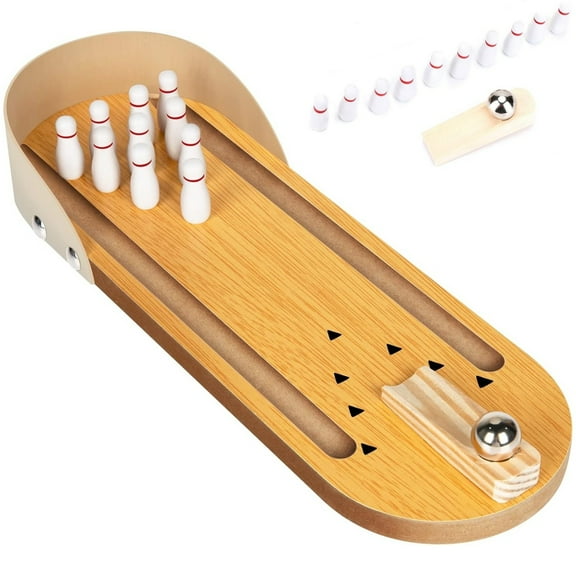 Topboutique Mini Bowling Game Set Table Top Bowling Game Desktop Tiny Bowling Shooting Games Wooden Board Bowling Ball Small Finger Toys for Stress Relievers,1 Pc