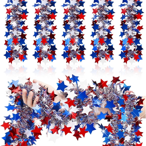 Topboutique Patriotic 4th of July Tinsel Garland 8 Pcs Red White Blue Hanging Garland Independence Day Metallic Twist Foil Tinsel Garland Shiny Hanging Decorations for Staircase Railing,6.56 ft/Pc