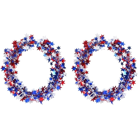 Topboutique Patriotic Red White Blue Wreath 4th of July Tinsel Stars Garland Metallic Tinsel Wire Garlands with Stars Patriotic Flag Wreath for Independence Day Memorial Day,2 Pcs-24.6ft/Pc