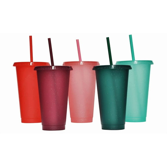 Topboutique Plastic Cups with Lids and Straws - 5 Pack 24 oz Color Cups with Lids and Straws Bulk, Reusable Cups with Lids and Straws for Adults Kid Women Party, Cute Cold Cups for Iced Coffee