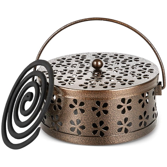 Topboutique Portable Iron Mosquito Coil Holder Retro Mosquito Incense Holder with Handle Round Fireproof Incense Holder Coil Incense Box Classical Incense Burner Holder for Home Outdoor,Bronze