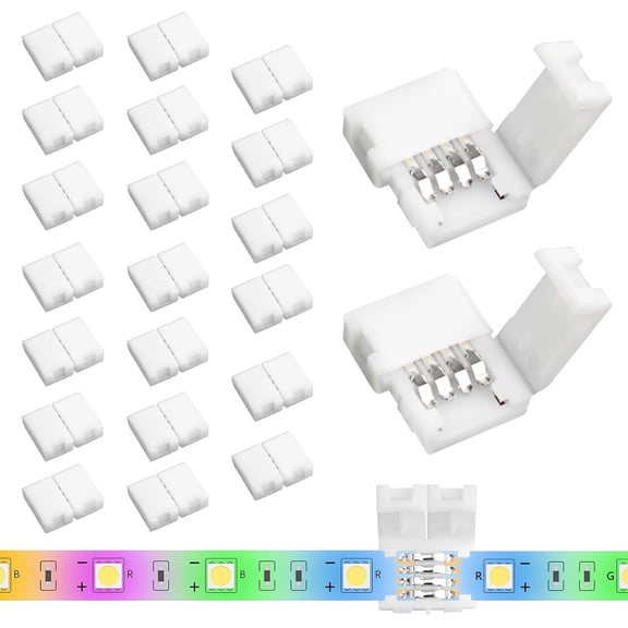 Topboutique RGB LED Light Strip Connectors 4-Pin 8mm Unwired Gapless Solderless Adapter Terminal Extension Gapless Tape Light Clips Solderless Adapter Connectors for 5050 RGB LED Strip Lights,20 Pcs