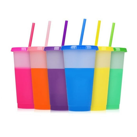 Reusable Color Changing Plastic Cups with Lids and Straws Bulk for Adults Kid Women Party, Christmas Cups,Cute Cold Cups for Iced Coffee, 24 oz, 6 Pack