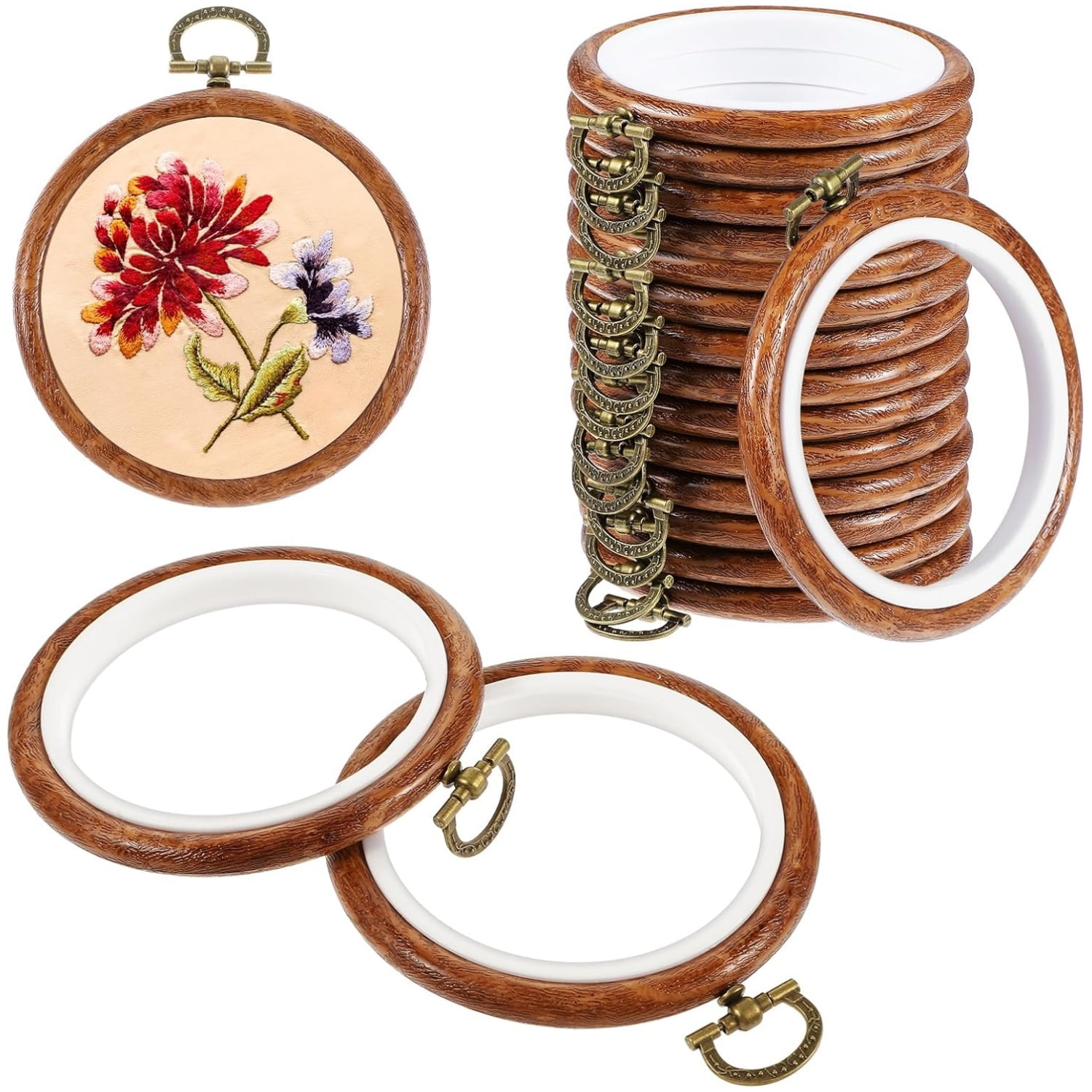 Topboutique Round Embroidery Hoops 10 Pcs 4 inch Circle Cross Stitch Hoop Ring Imitated Wood Display Frame for Embroidery Art Craft Sewing Ornaments Hanging Decoration