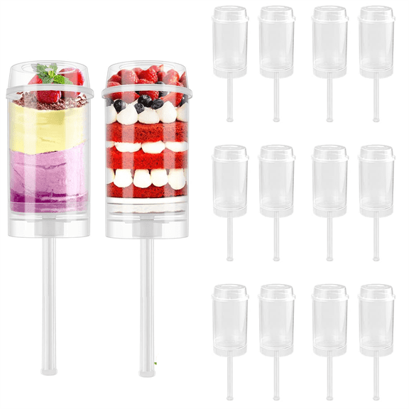 Topboutique Round Push-up Containers with Lids 12 Pack Clear Plastic Cake Shooters for Jelly, Ice Cream & Desserts - Unique Holders for Wedding and Birthday Party