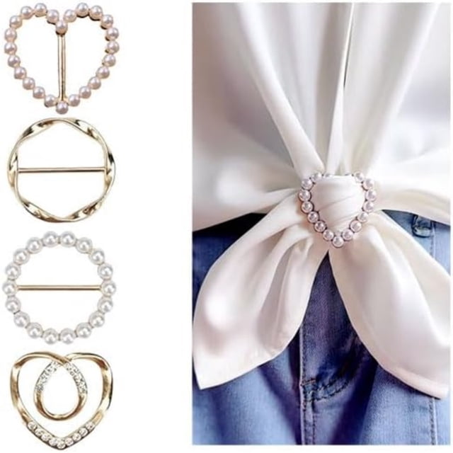 Topboutique Scarf Clips and Ring, T-Shirt Clip for Women, Fashion Metal Tshirt Pins, Tie Pearl Clips, Ring Wrap Holder, Circle Buckle for Clothes Hat Belt Decor, 4 Pack Golden