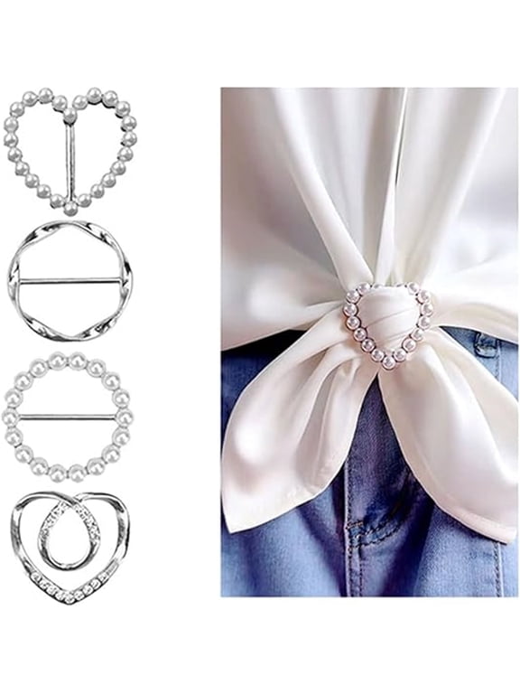 Topboutique Scarf Ring Clip, 4 Pcs Silver Shirt Clip, T-shirt Ties Clips, Clothes Corner Knotted Button, Round Tie Ring Pearl Clips Buckle, Heart Clothing Wrap Holder