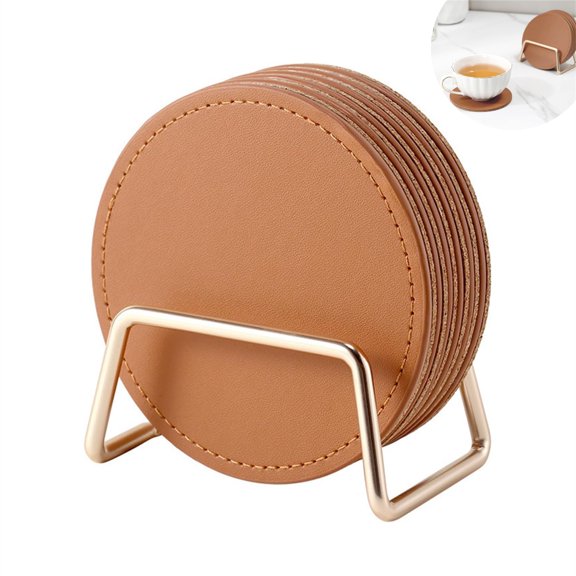 Topboutique Set of 6 Round Coasters with Holder, 3.9-Inch Leather Drink Coasters, Heat Resistant Table Protectors for Cups, Suitable for Office and Home Decor (Brown)