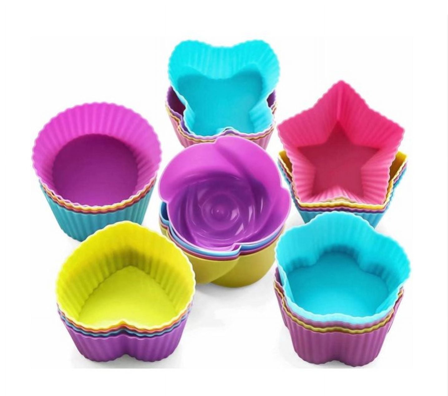 Topboutique Silicone Cupcake Liners, 24 Pcs Reusable Silicone Baking Cups Nonstick Muffin Molds for Cake Balls, Muffins, Cupcakes and Candies, Assorted Bright Colors,4 shapes