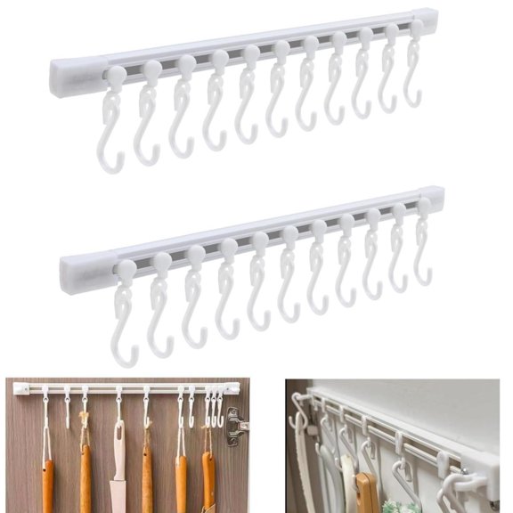 Topboutique Sliding Hook Rack Adhesive Wall Hooks Rack Utensil Holder Wall Mounted with10 Hooks Wall Storage Hangers for Kitchen Office Wardrobe Organization 2 Pcs 11.8 inch