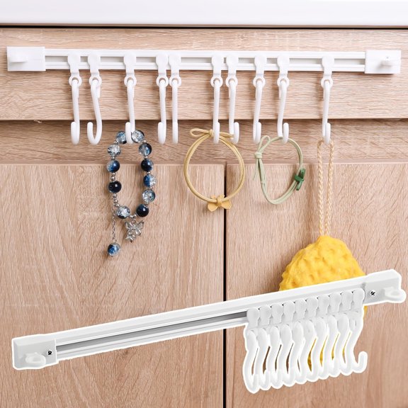 Topboutique Sliding Rail Hooks Rack Adhesive Hook No-Drill Wall Mounted Hanger with 10 Hooks Space-Saving Organizer Strip for Kitchen Bathroom 11.8 inch,1 Pc
