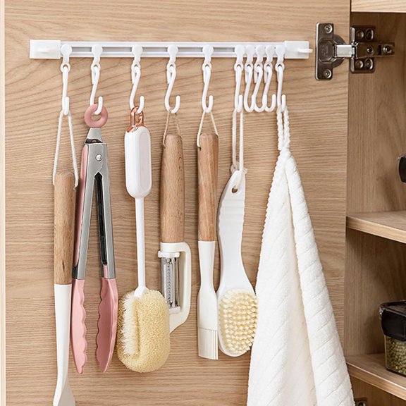 Topboutique Sliding Storage Hooks Sliding Track Hook No Drilling Hanger Cupboard Hanging Storage Rack Multi Functional Holder with 10 Hooks 1 Pc 11.8 inch