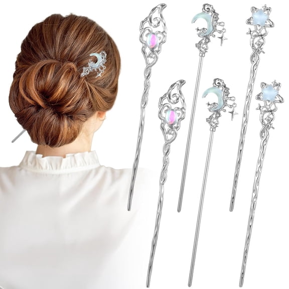 Topboutique Star Moon Hair Sticks 6 Pcs Metal Chinese Hair Chopsticks Vintage Long Hair Pins Silver Cute Hairpins with Star Moonstone Design for Hairstyle Gifts Holiday Christmas, 3 Style