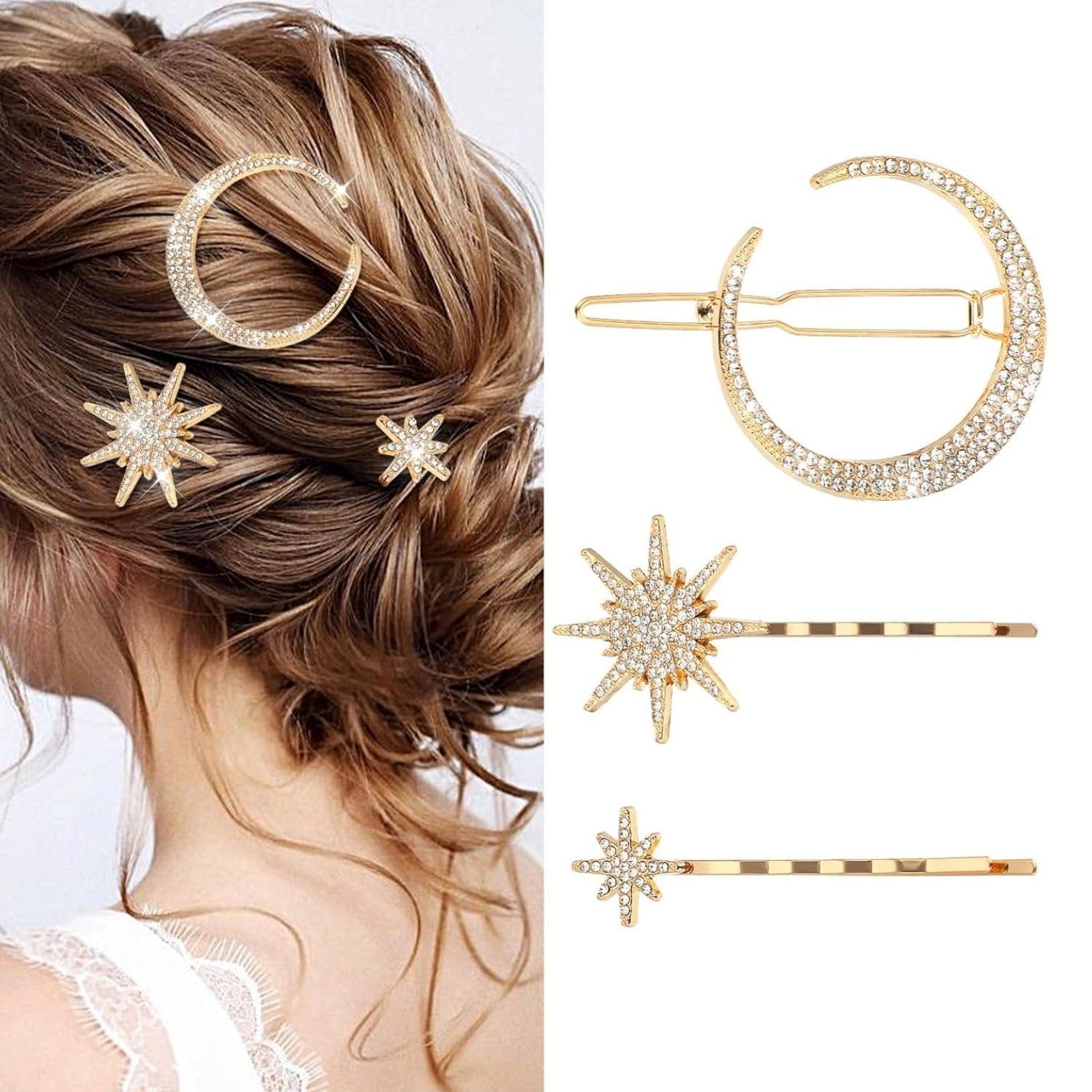 Gold Moon and Stars Rhinestone Hair Pins 3 Clips Set Sparkle Barrettes Hairpins Gold Moon and Star Hair Pins, Art Deco Crystal Bridal Hair  main image 3