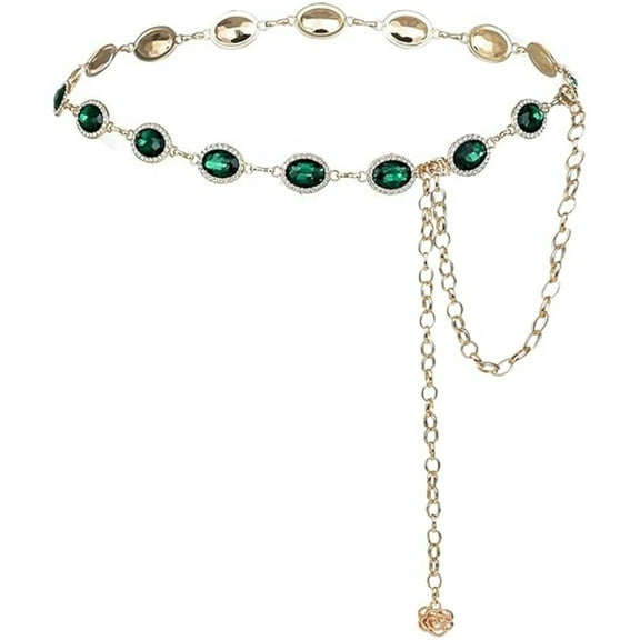 Topboutique Waist Chains Belts Green Glass Diamond Chain Belt Chain Belts for Dresses Women's Dress Metal Belt Western Style Belt Waist Belts