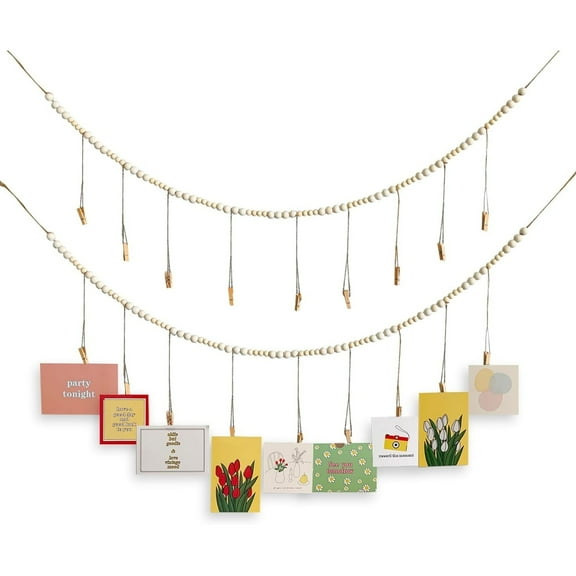 Topboutique Wall Hanging Photo Display with Wooden Beads Garland Boho Collage Picture Frame with 9 Wood Clips DIY Picture Photo Frame Card Holder for Rustic Country Christmas Wall Decor Gifts,2 Pcs