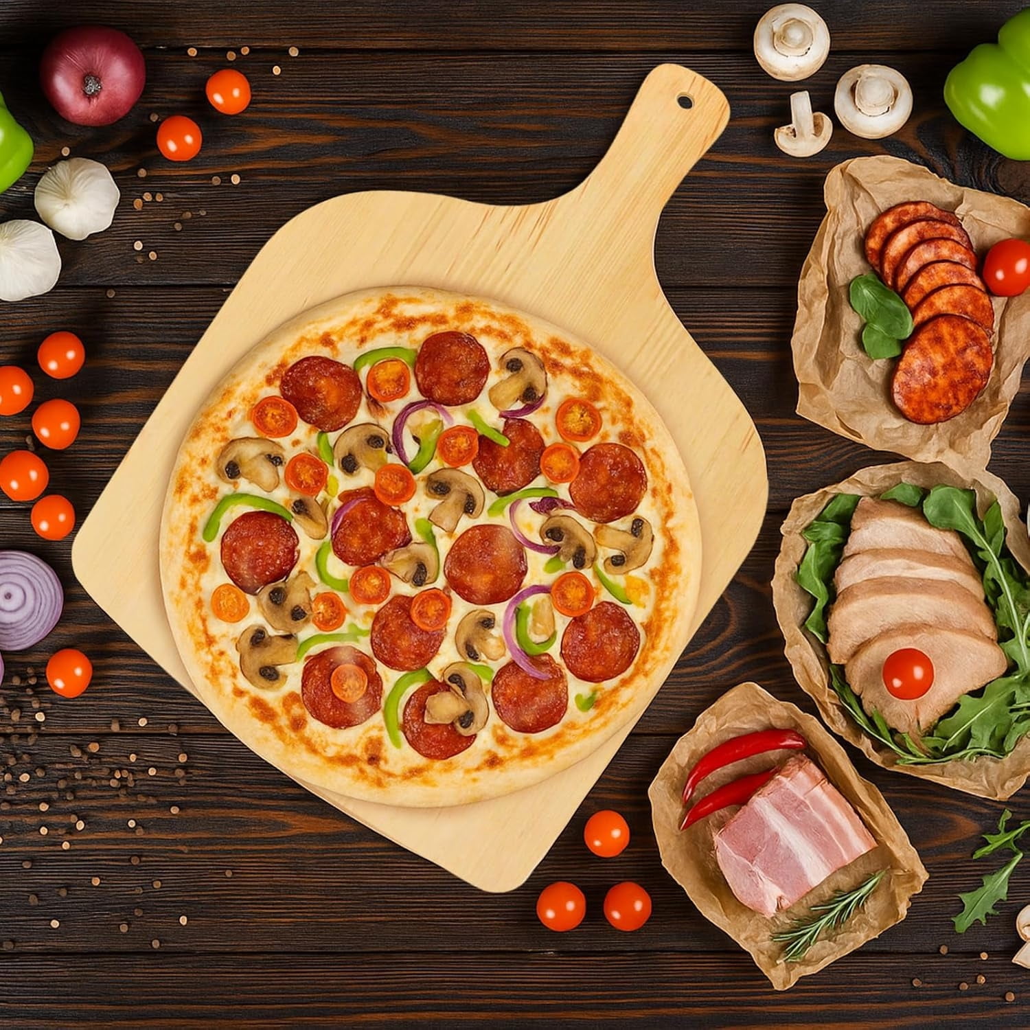 Topboutique Wood Pizza Peel Pizza Paddle Spatula Oven Accessory Pizza Board with Handle Pizza Cutting Board for Cheese Bread Fruit Vegetables,1 Pc 11.8 inch