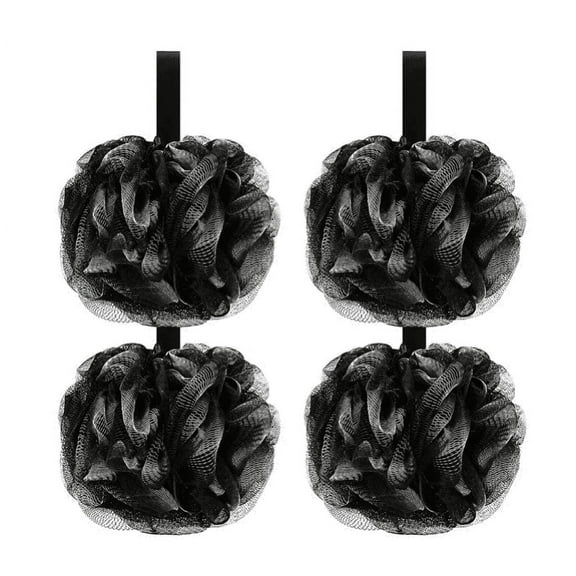 Topboutique XL Black Loofah Sponge for Exfoliating, Soft Shower Puff Bath Ball Body Scrubber Mesh Pouf 4 Set，Black
