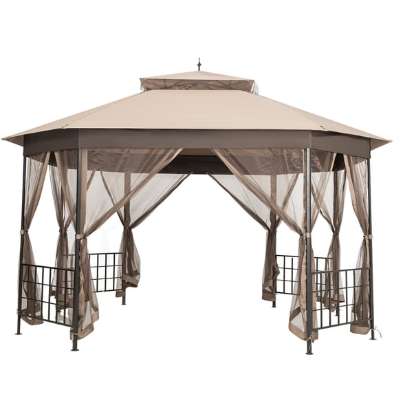 Topbuy 10 ft x 12 ft Octagonal Gazebo Canopy, Brown PU-Coated Polyester with Netting Sidewalls