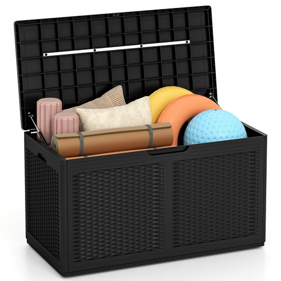 Patiojoy 101 Gallon Resin Outdoor Storage Box Waterproof Deck Box w/ Lockable Lid & Wheels Black