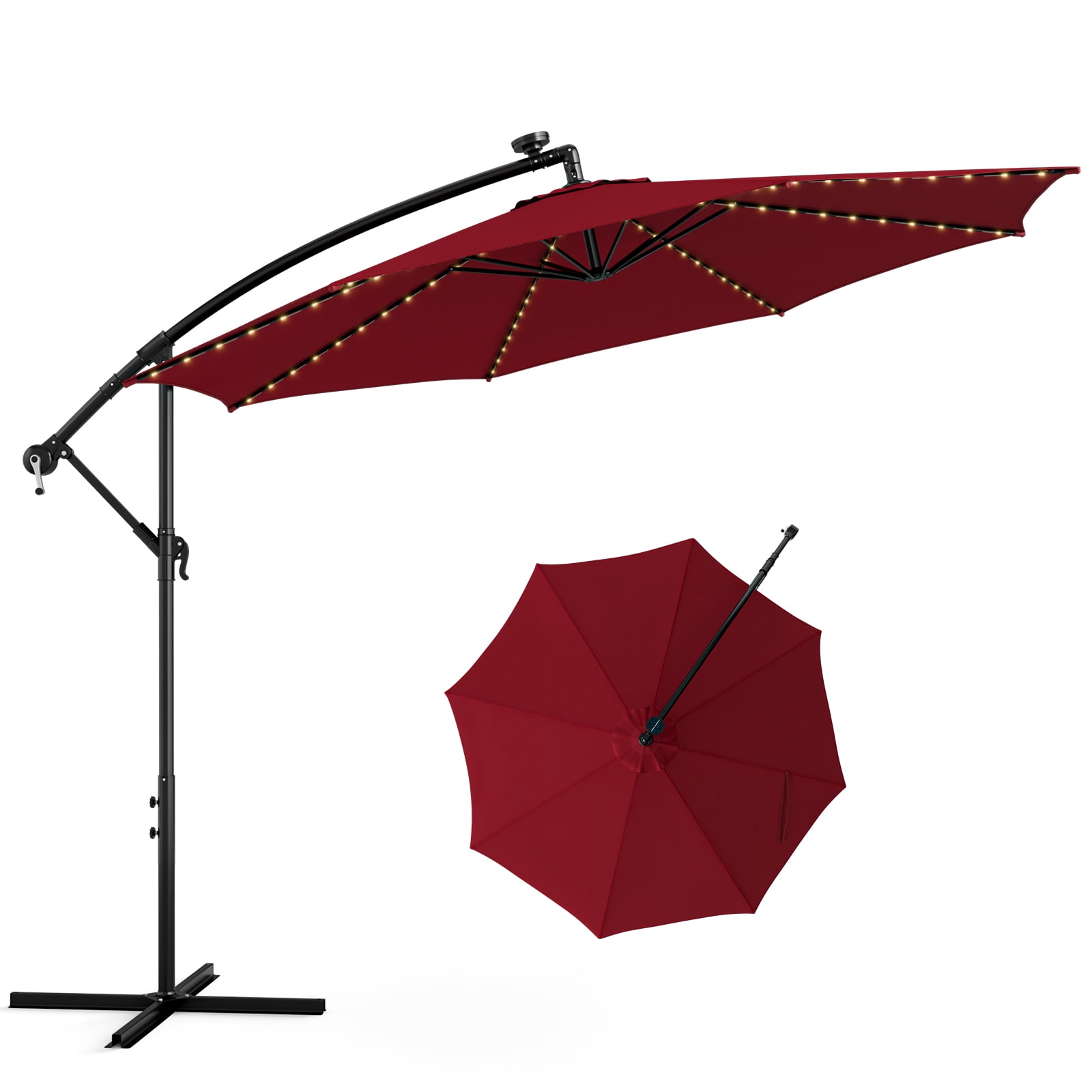 Patiojoy 10FT Solar Offset Umbrella Tilted Cantilever Umbrella with 112 LED Lights Lighted Patio Sun Shade with Crank Handle Red