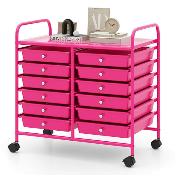 Topbuy 12-Drawer Rolling Storage Cart Utility Cart with Lockable Casters Hot Pink