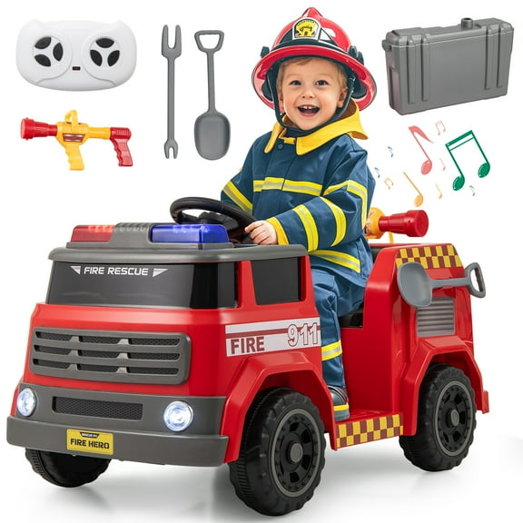 Topbuy 12V Battery Powered Ride on Fire Truck Simulation Electric Fire Vehicle w/Water Gun