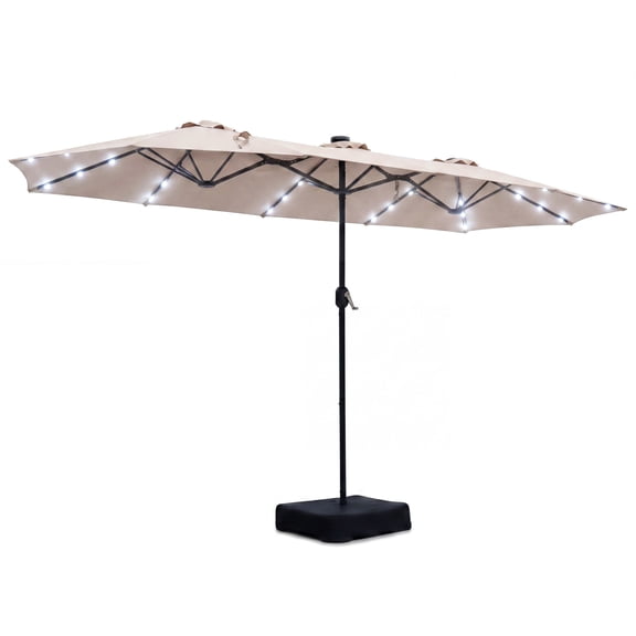 Topbuy 13 FT Patio Umbrella Double-Sided Market Umbrella with 36 Solar-Powered LED Lights Cross Base Included Beige
