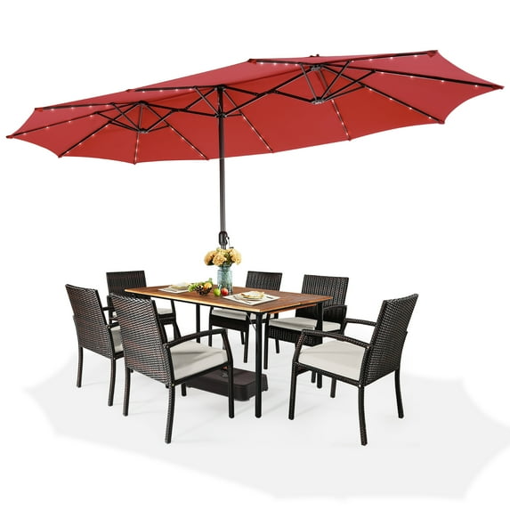 Topbuy 15' Wine Double-Sided Market Patio Umbrella with Solar LED Lights & Base, Crank